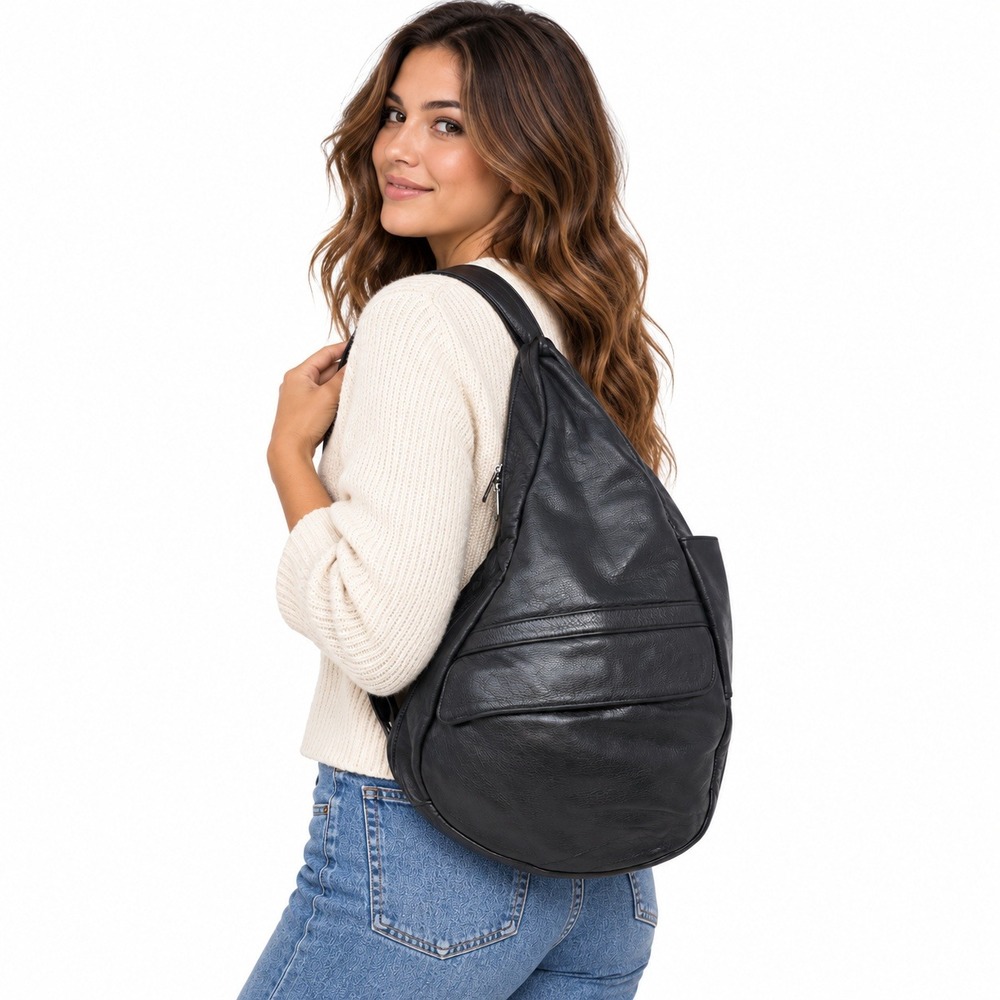 AmeriBag Healthy Back Bag Black Pebbled Leather Ergonomic Sling Backpack Medium